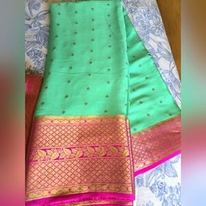 Beautiful New Mint Green Mysore Crepe Silk Saree With Hot Pink Zari Border & BP